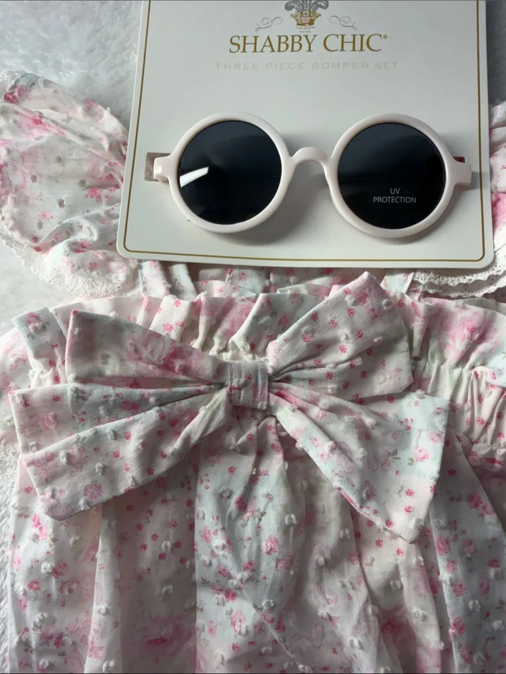Shabby Chic Pink Floral Baby Romper with Pale Pink Round Sunglasses